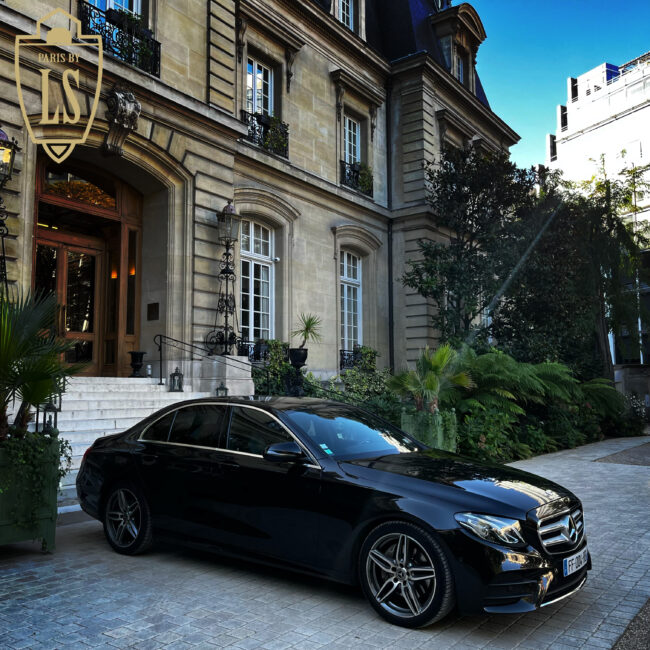 Saint james hotel in Paris with our E class mercedes driven by a luxury chauffeur. airport transfert to CDG.